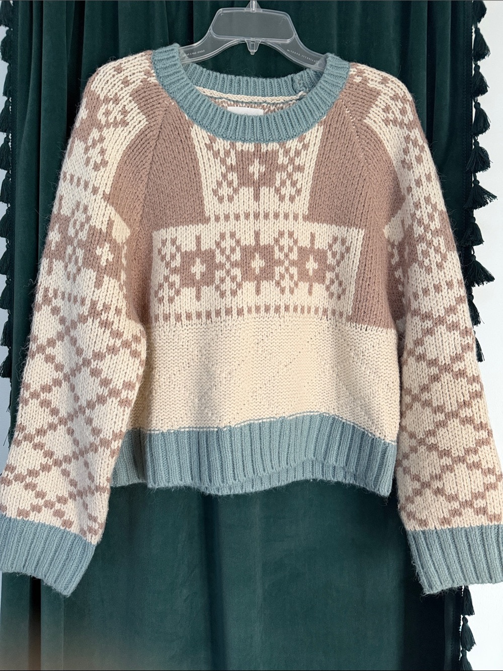 Fair Isle Crewneck Sweater in Cream, Light Brown & Dusty Blue